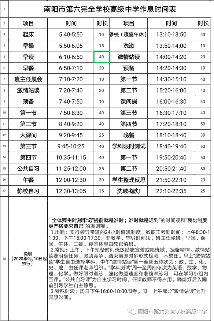 南陽市第六完全學校高中部作息時間